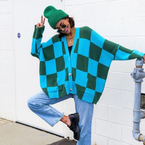 Dressed in Lala Love You Oversize Checkerboard Cardigan Size S/M - Picture 5 of 14